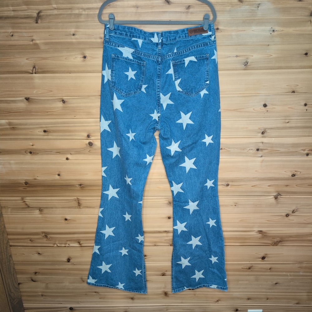 Rock and Roll Cowgirl Womens W31 L36 Star Print High Rise Flare Jeans Blue White - Picture 5 of 11